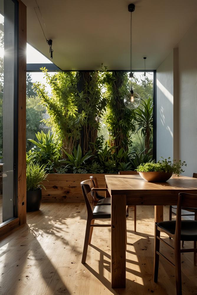 Holz-Esstisch mit integriertem Kräuterkasten unter Sonnenlicht