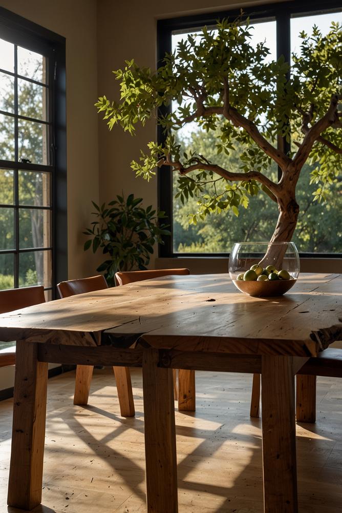 Holz-Esstisch mit Naturkante in hellem Esszimmer