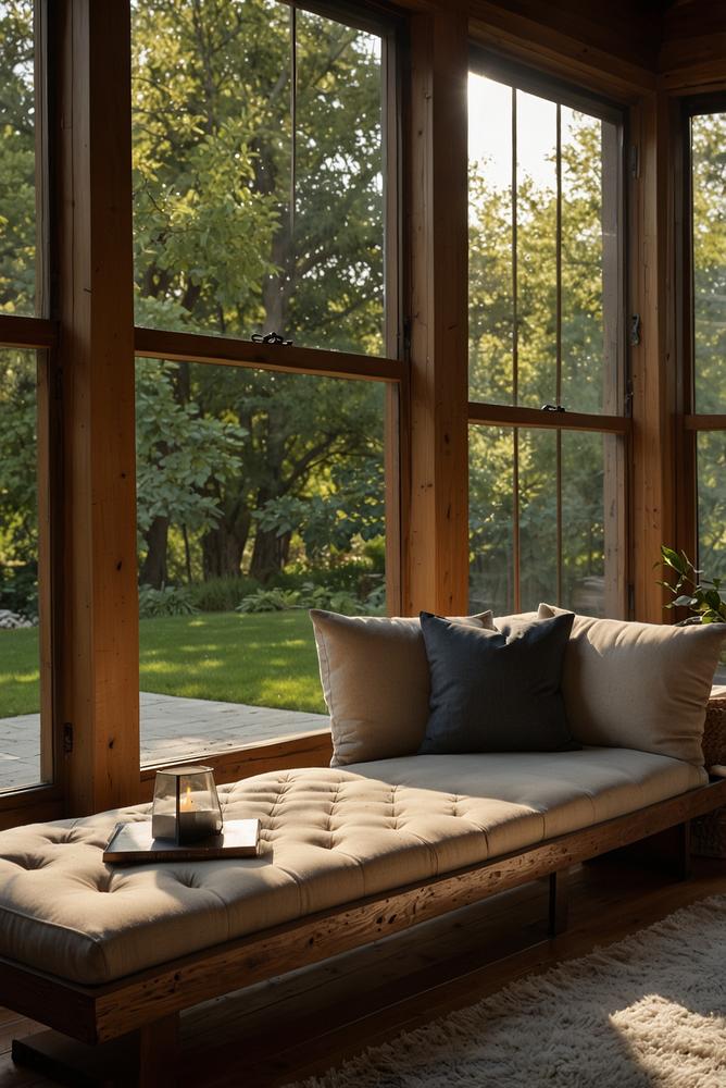 Holz-Fensterbank als gemütliche Sitzfläche mit Kissen