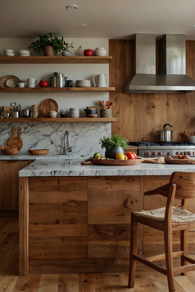 Helle Holz-Kücheninsel mit offener Ablage in moderner Küche