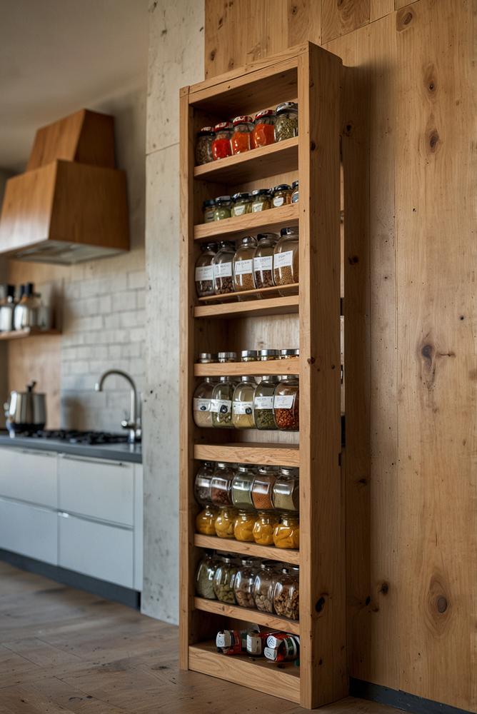 Holz-Küchenregal für Gewürze in heller Küche