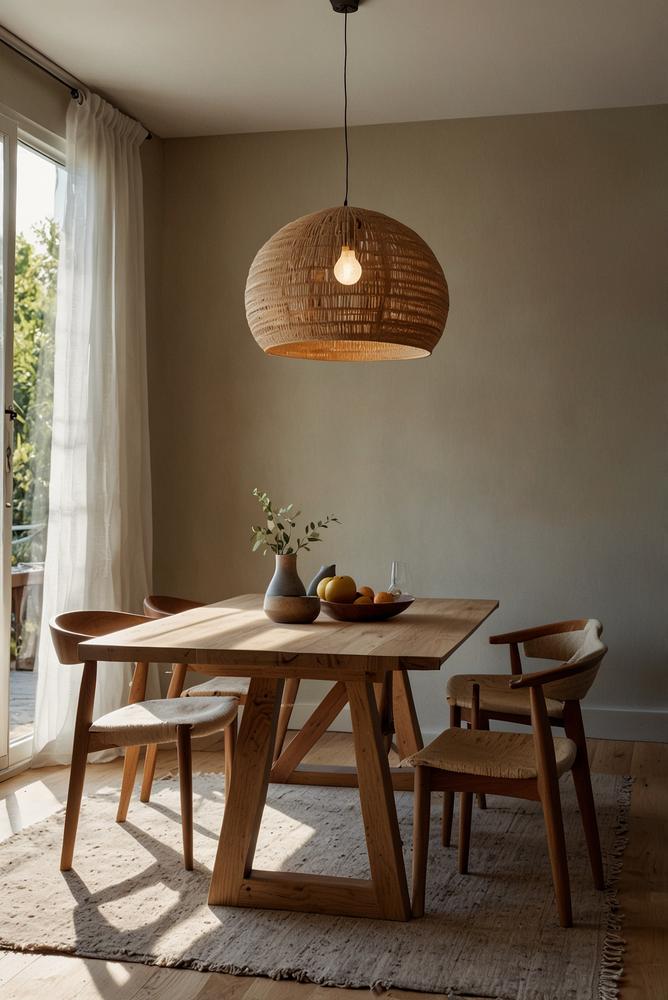 Helle Holz-Pendelleuchte in modernem, lichtdurchflutetem Raum