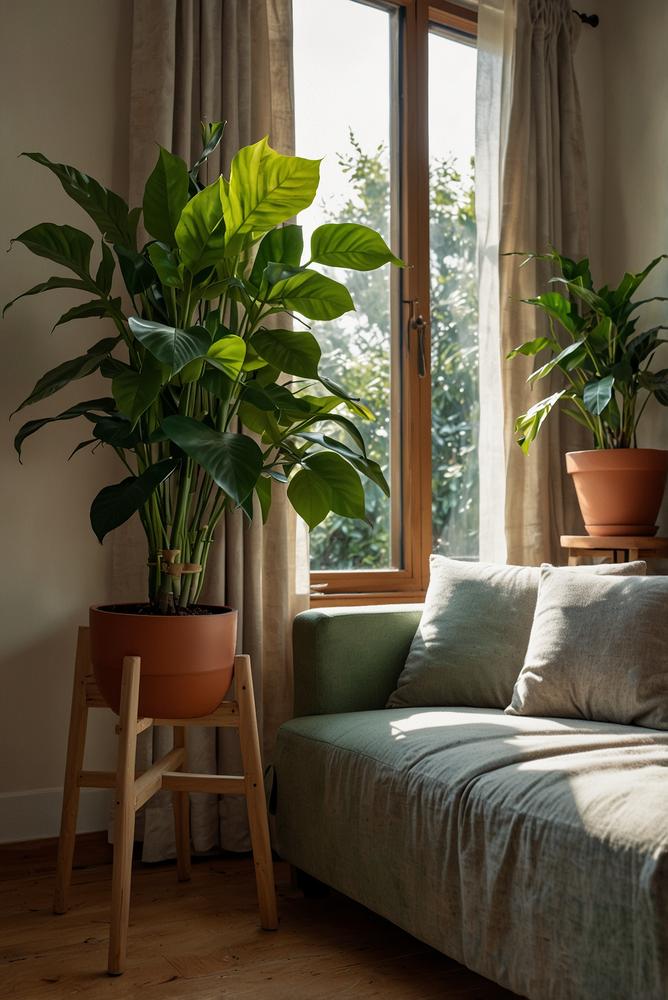 Heller Raum mit Holz-Pflanzenständer und grünen Zimmerpflanzen