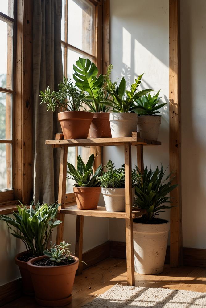 Holz-Regal mit grünen Pflanzen in hellem Raum