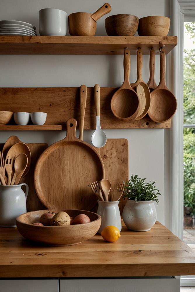 Holz-Schneidebrett-Leiste über Küchenarbeitsplatte hell und einladend