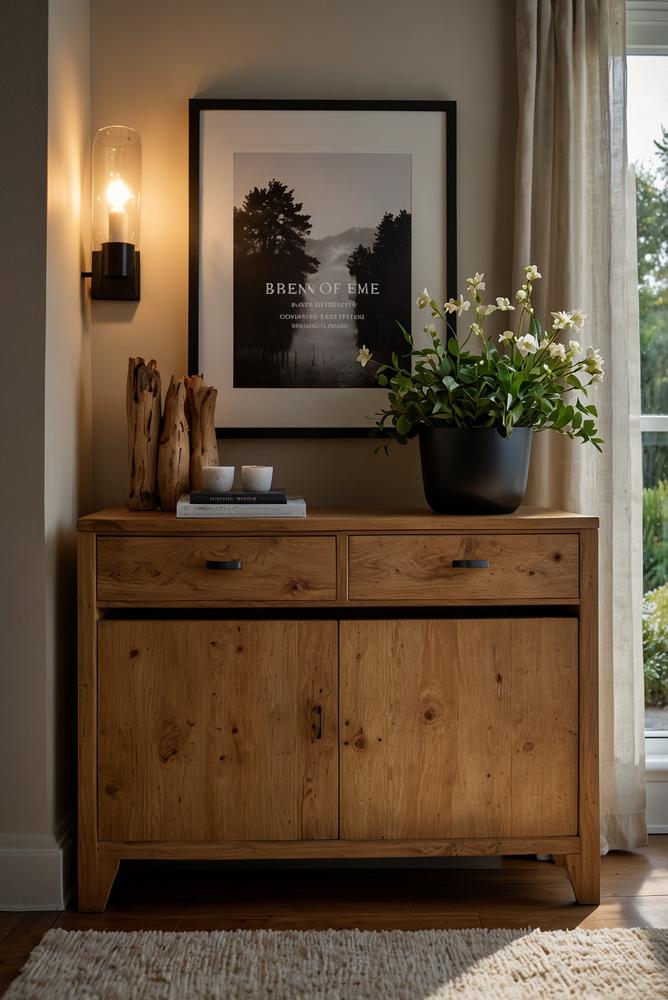 Hell beleuchtetes Holz-Sideboard im Eingangsbereich