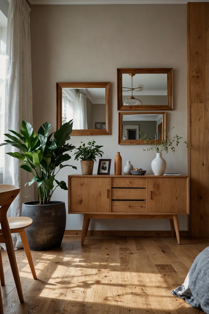 Heller Raum mit Holz-Spiegelrahmen und natürlicher Dekoration