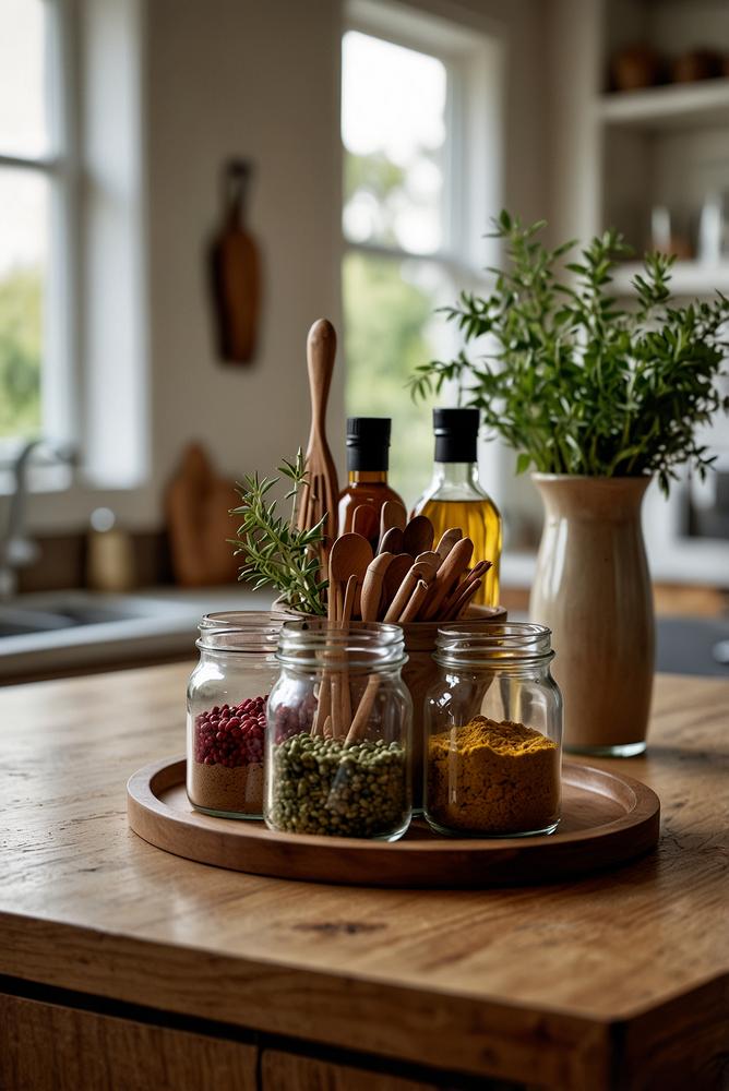 Helles Küchenbild mit Holz-Tablett auf der Arbeitsplatte