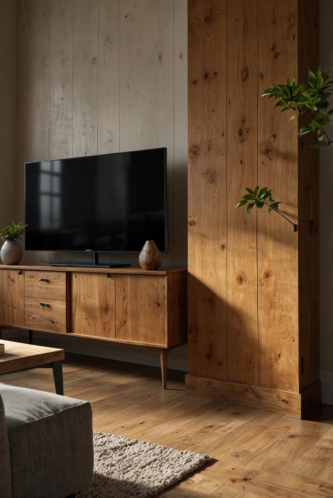 Helle Holz-TV-Mediawand im Wohnzimmer mit Fernseher