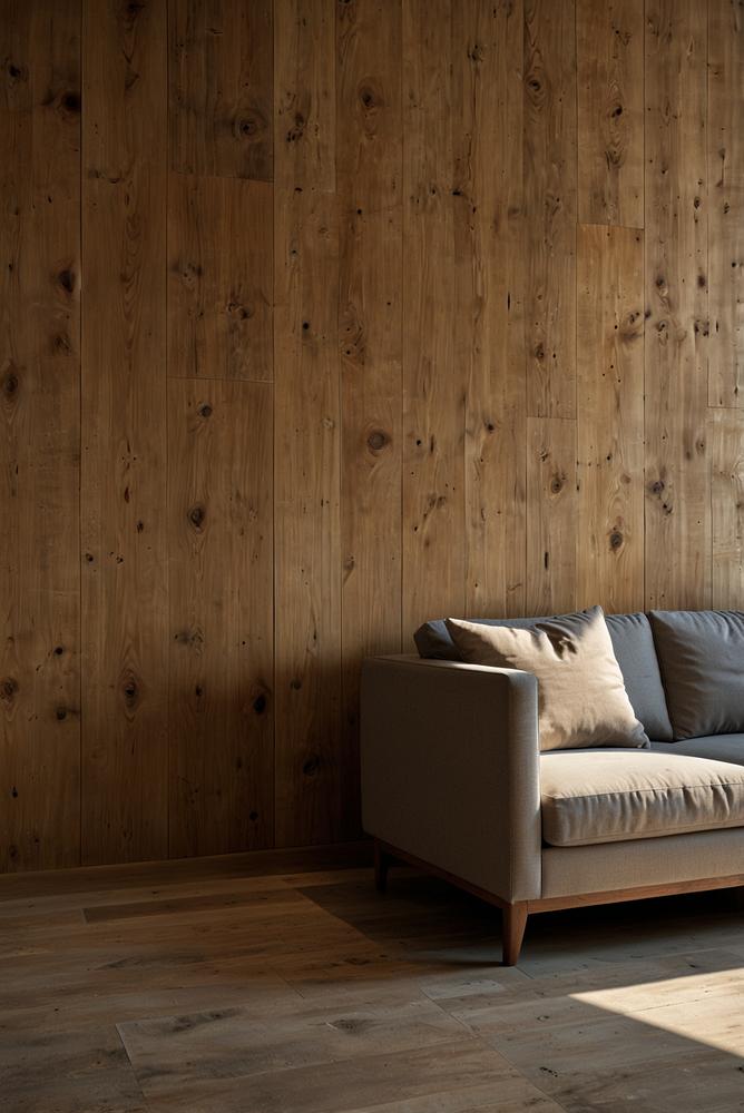 Helle, moderne Holz-Wandverkleidung im Wohnzimmer