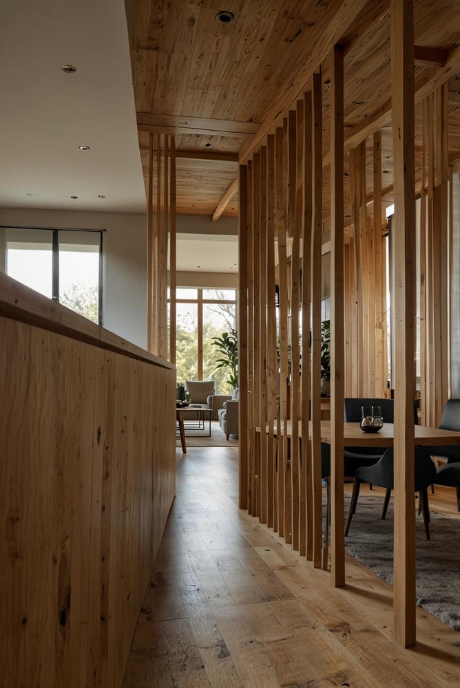 Holz-Zimmertrennwand mit Licht und natürlicher Atmosphäre