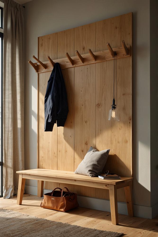 Hell beleuchtete Holz-Garderobe im Flur mit Sitzbank