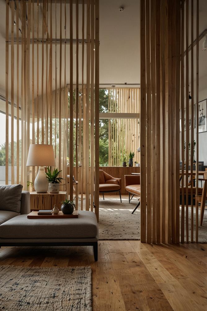 Heller Wohnraum mit modernen Holzlamellen als Raumteiler