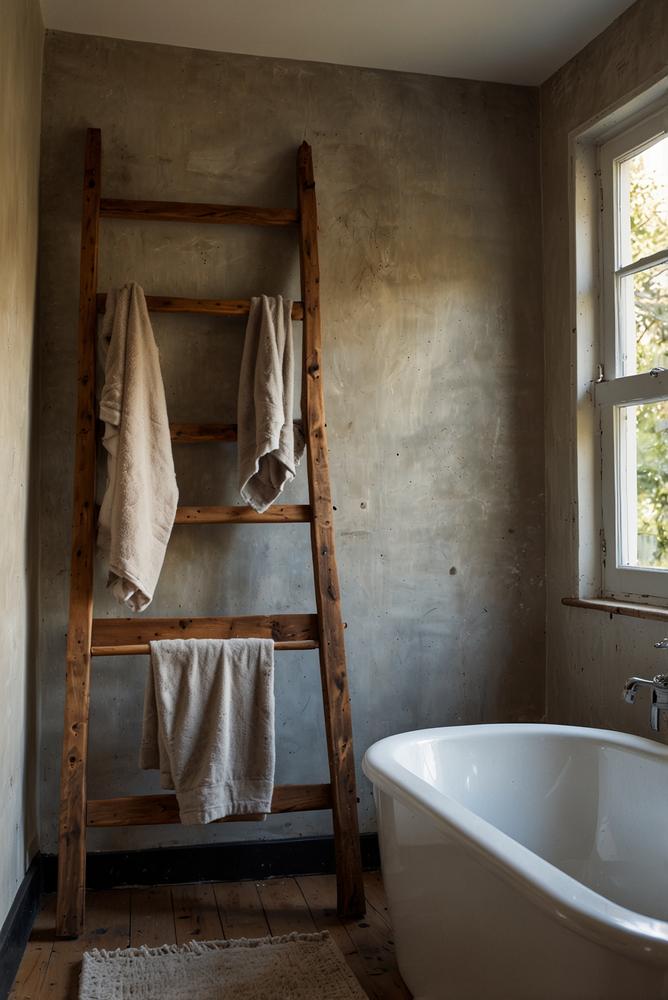 Holzleiter Handtuchhalter im hellen Badezimmer