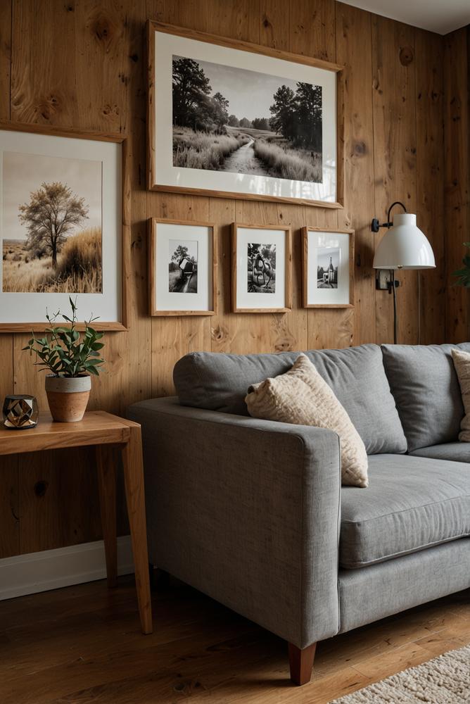 Helle Holzrahmen-Galerie mit Familienfotos an der Wand