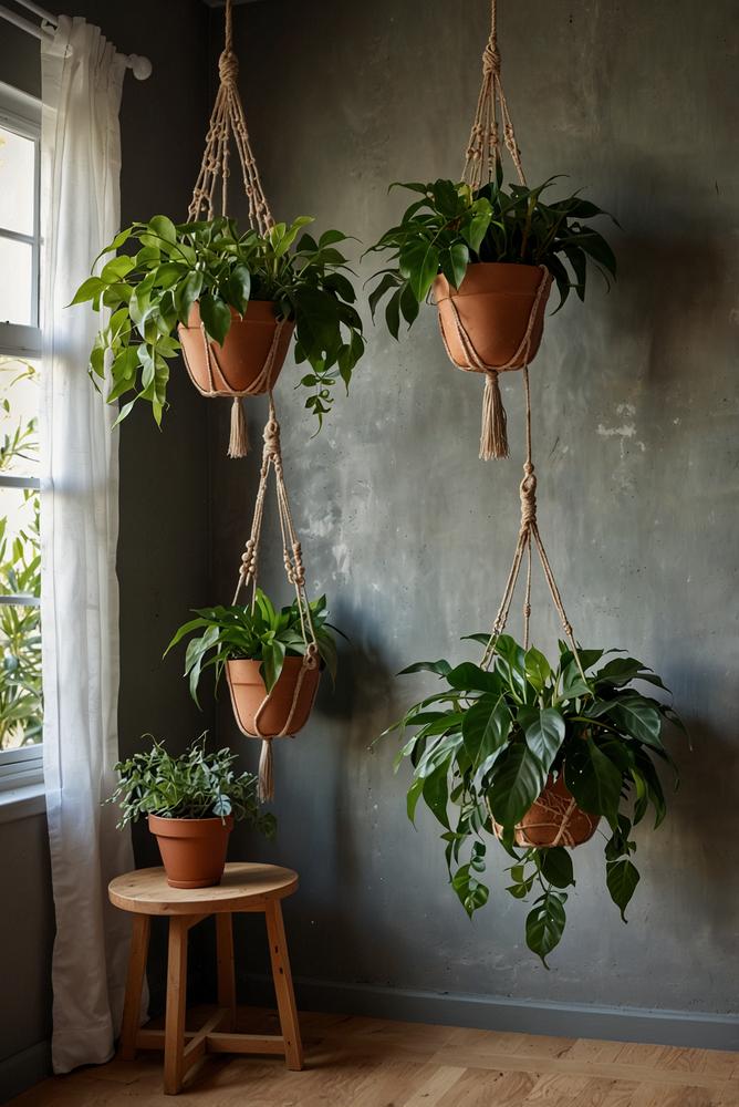 Holzregal mit haengenden Zimmerpflanzen in hellem Raum