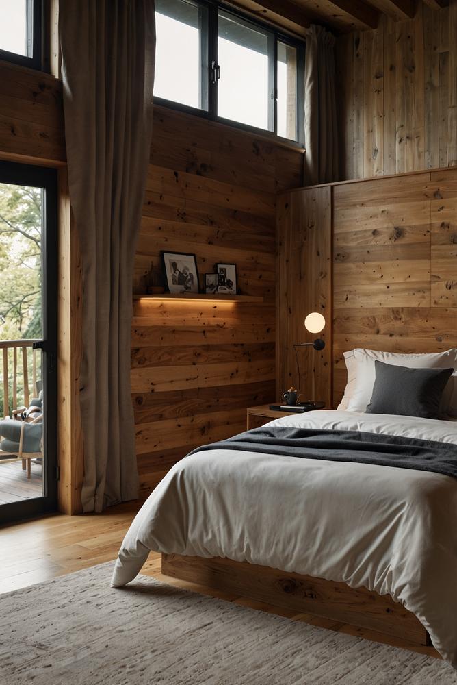 Holz-Wandverkleidung als Kopfteil im Schlafzimmer in hellem Licht