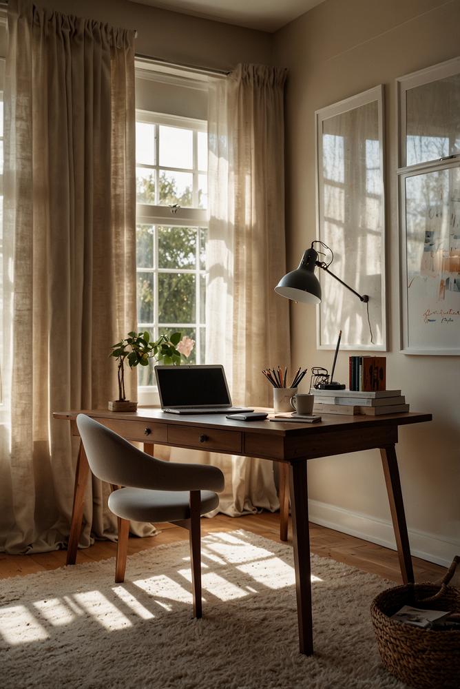 Hell eingerichtetes Home-Office mit Teppich und Vorhängen
