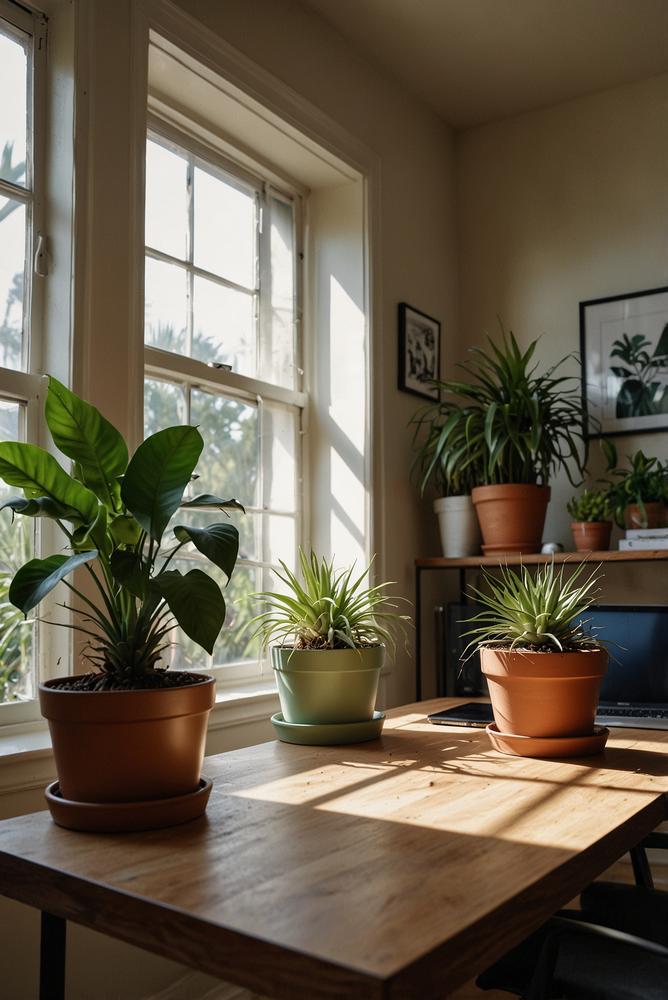 Helle Pflanzeninsel im Homeoffice mit großen Zimmerpflanzen