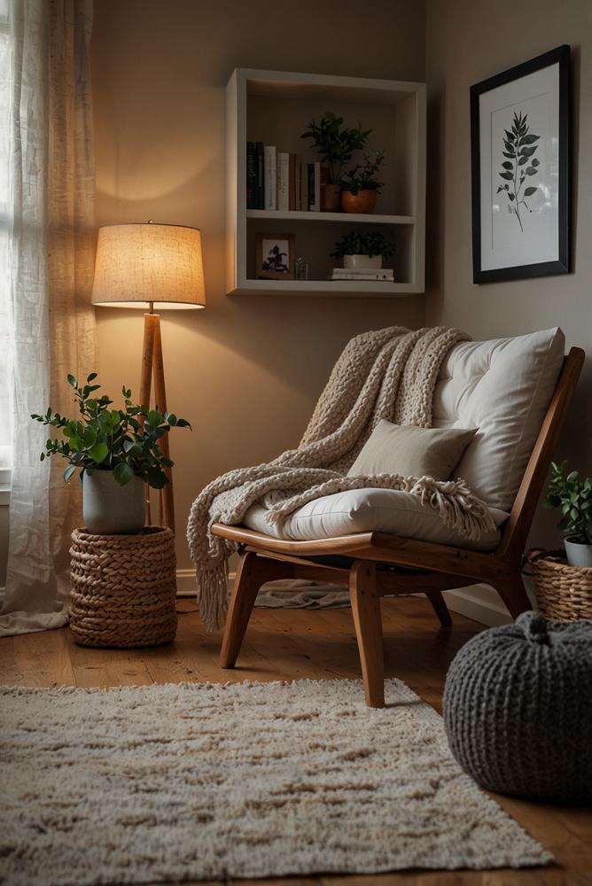 Helle Hygge-Leseecke mit warmem Licht und Pflanzen
