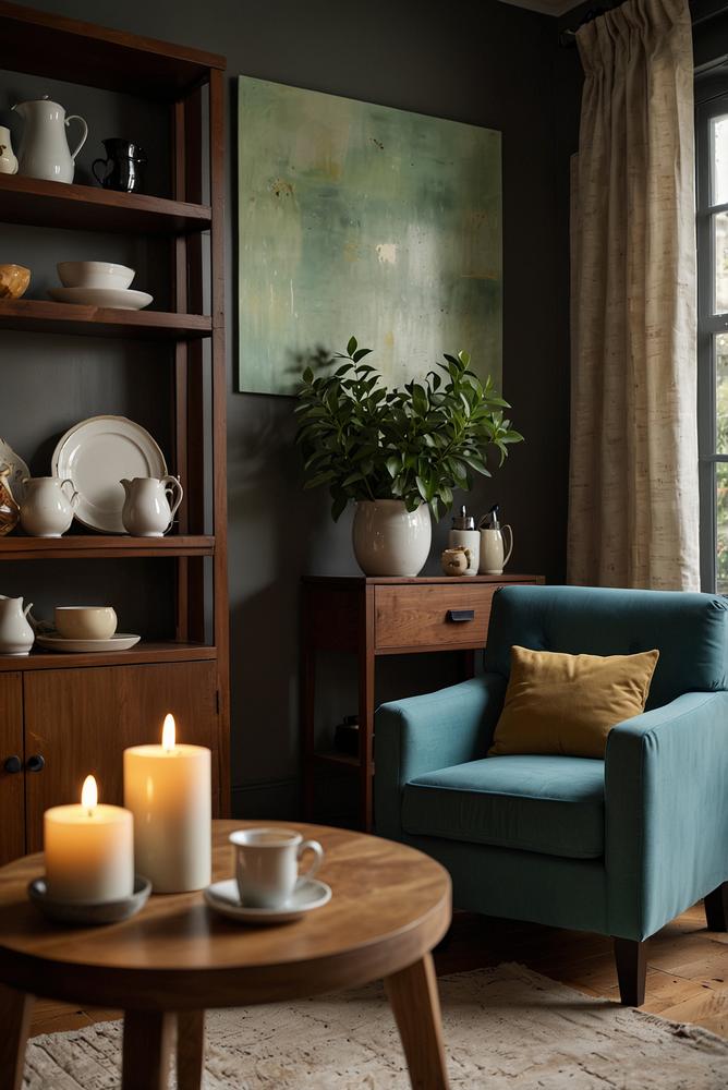 Helle kaffeetee-ecke mit gemuetlicher sitzgelegenheit