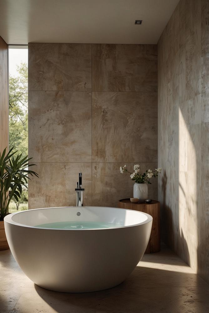 Helles Badezimmer mit Keramik-Dekorplatten an der Wand