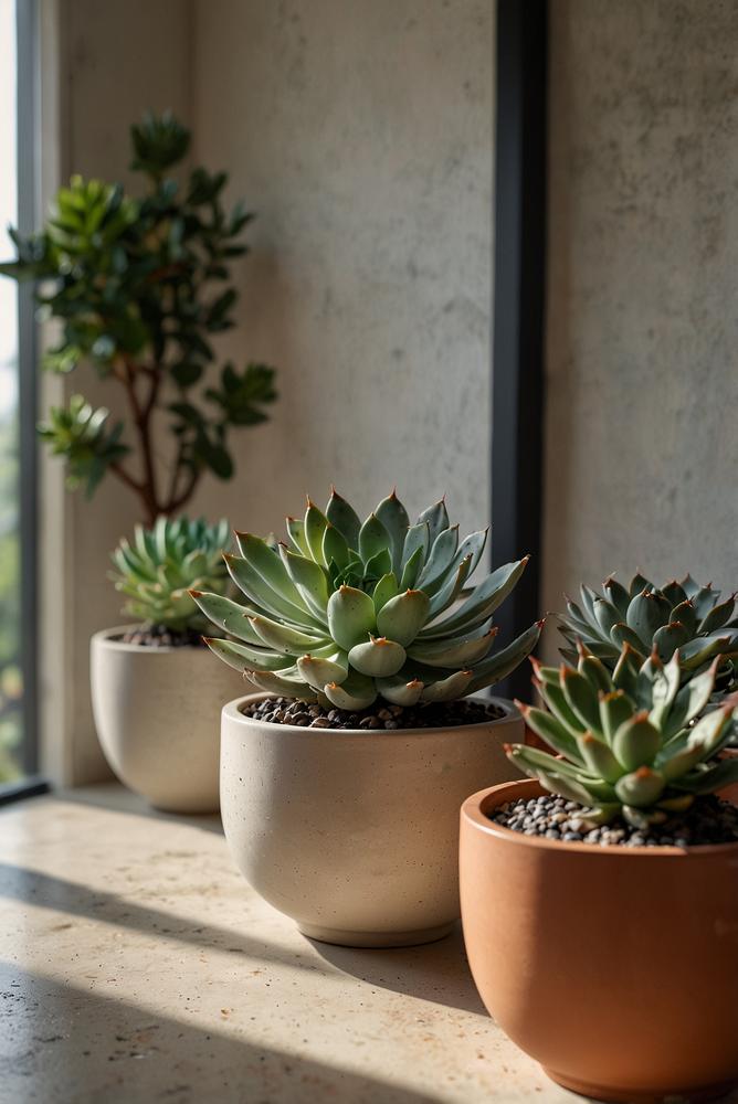 Keramik-Innentöpfe mit Sukkulenten auf heller Fensterbank