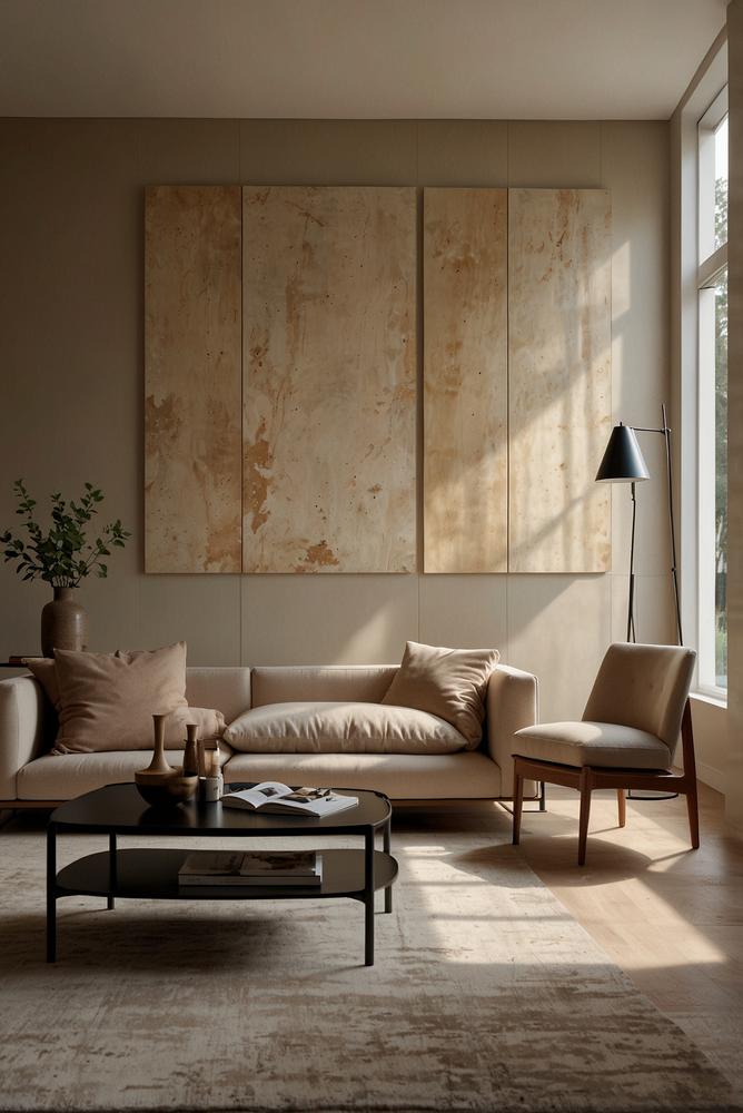 Helle Keramik-Wandplatten über dem Sofa im Wohnzimmer