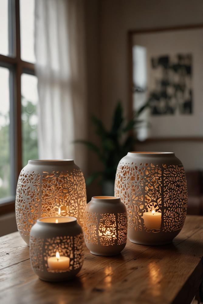 Keramik-Windlichter in hellem, einladendem Wohnraum