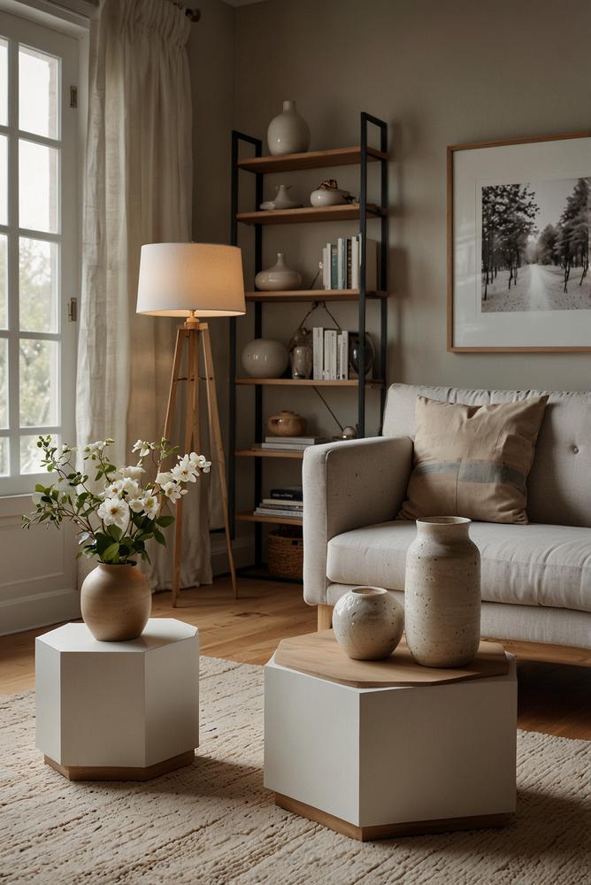 Helle Wohnzimmerecke mit Keramikboxen als Dekoration