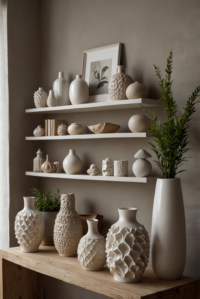 Keramikfiguren als ruhige Akzente auf modernem Regal