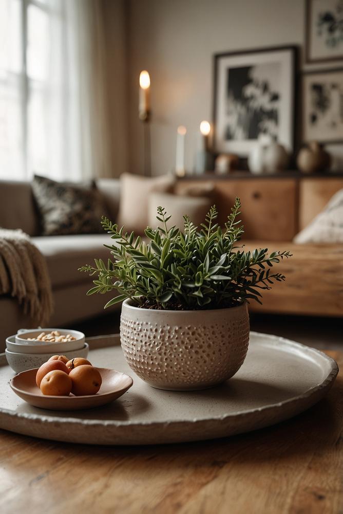 Keramikservierplatten auf hellem Couchtisch mit Dekoration