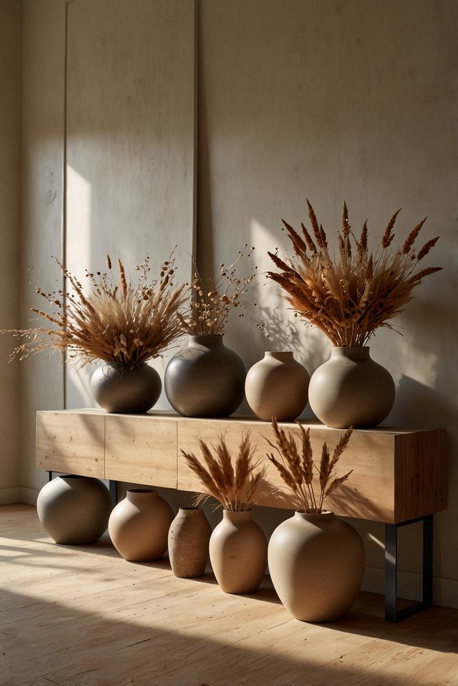 Helle Räume mit stilvollen Keramikvasen in Erdtönen