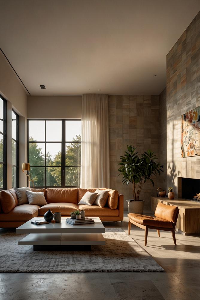 Keramikwandfliesen als ruhige Sofa-Rueckwand im Wohnzimmer