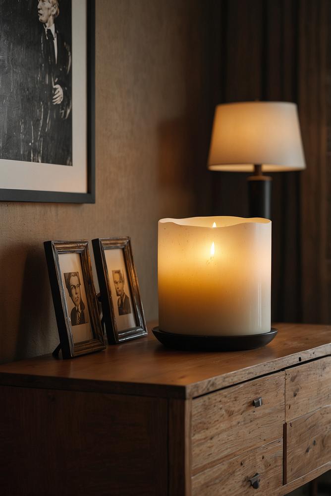 Kerzen und Tischlampen auf Sideboard im Wohnzimmer