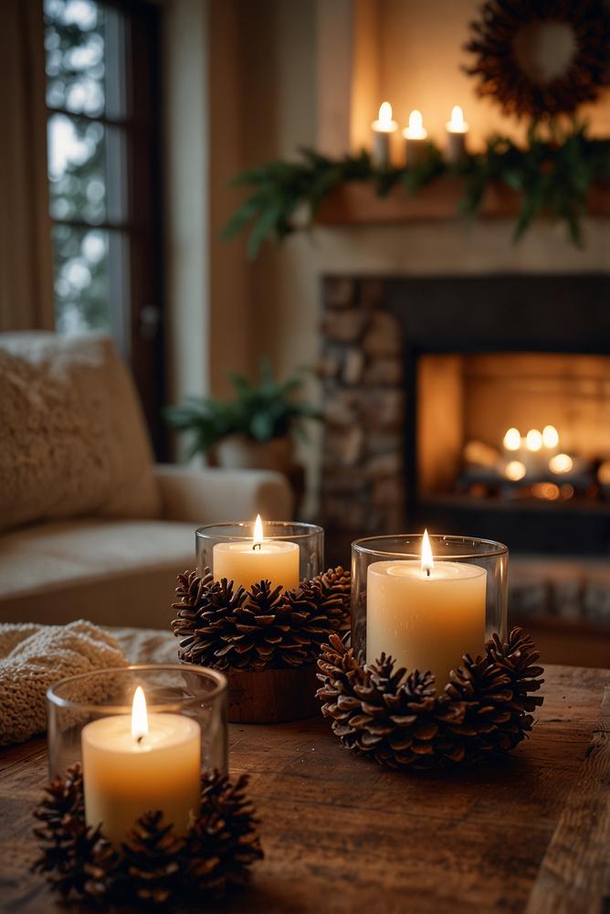 Kamin-Alternative mit Kerzenarrangement und winterlicher Deko