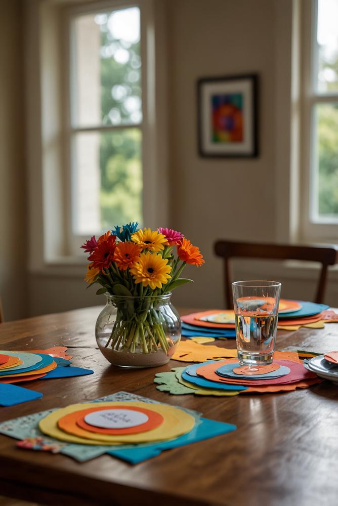 Kinderfreundliche Tischdeko mit Mitmach-Platzkarten in hellem Raum