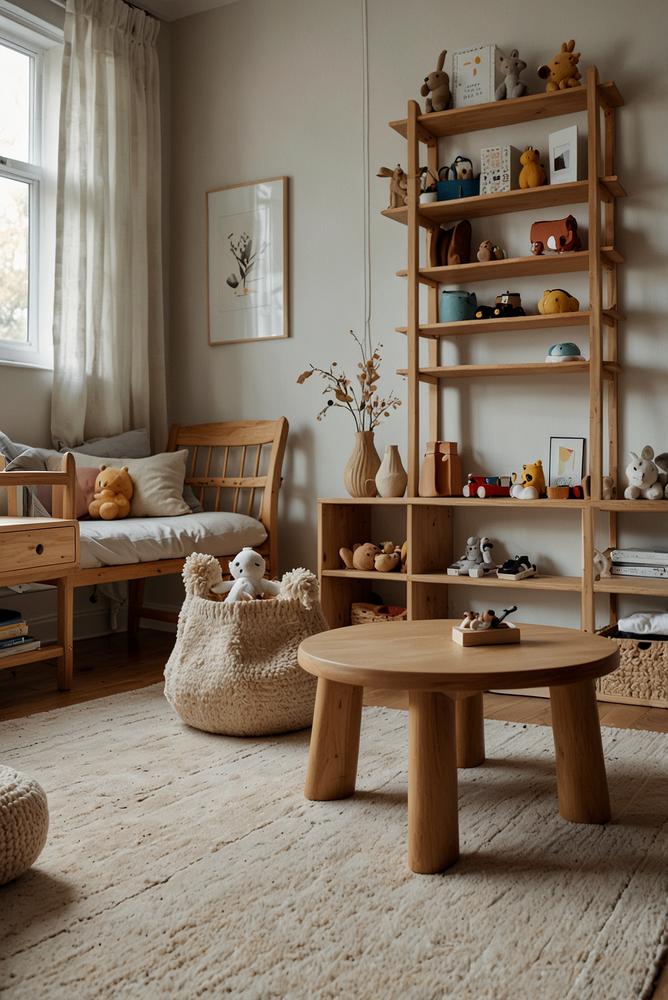 Minimalistisch eingerichtetes Kinderzimmer mit natürlicher Deko