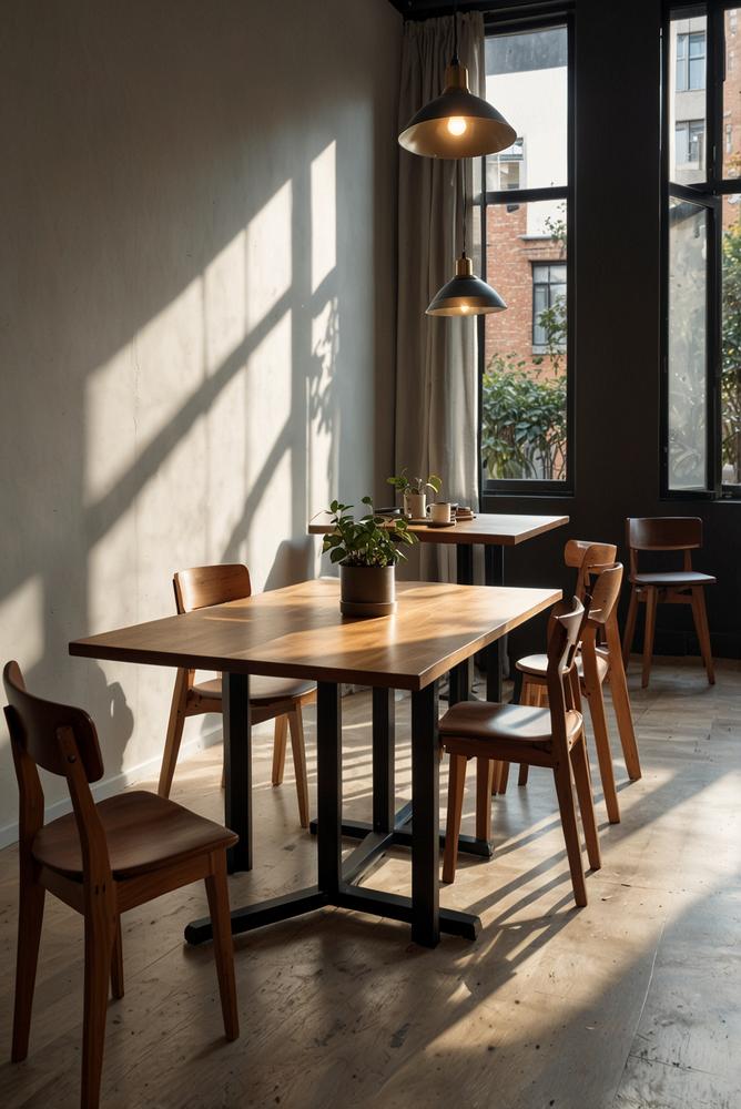 Moderner heller Raum mit klappbaren Esstischen und Stühlen