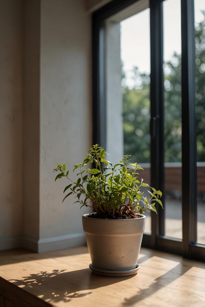 Helle minimalistische Fensterbank mit Pflanzen und Deko