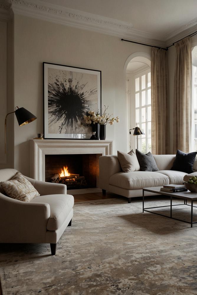 Helles Wohnzimmer mit klassischem Teppich in urbaner Einrichtung