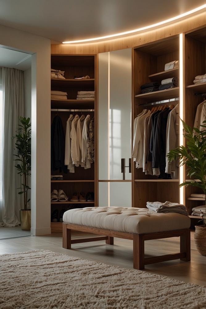 Helle Kleiderschrank-Ecke mit Spiegel und Sitzbank