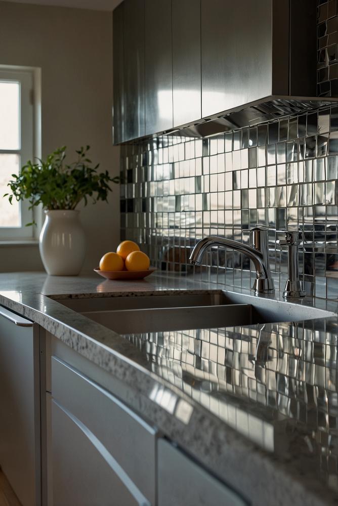 Küche mit kleinem quadratischen Spiegel-Backsplash, lichtdurchflutet