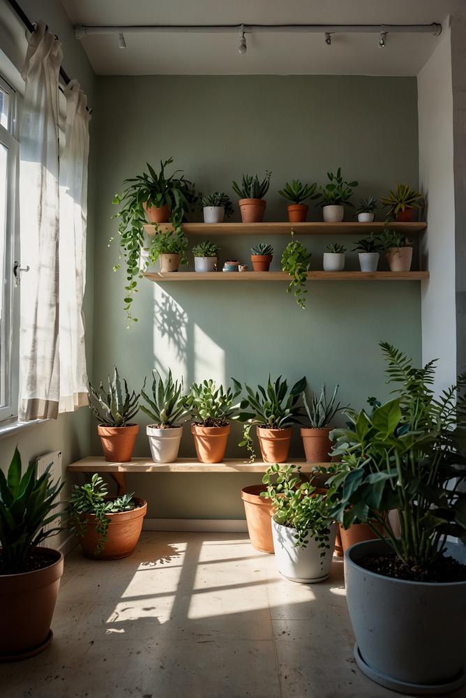 Kleiner Raum mit hellen grünen Pflanzen und freundlicher Atmosphäre