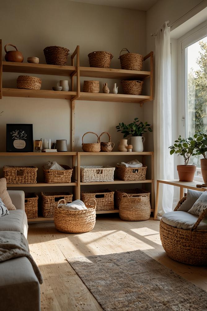 Heller kleiner Raum mit Körben und Ordnungssystemen