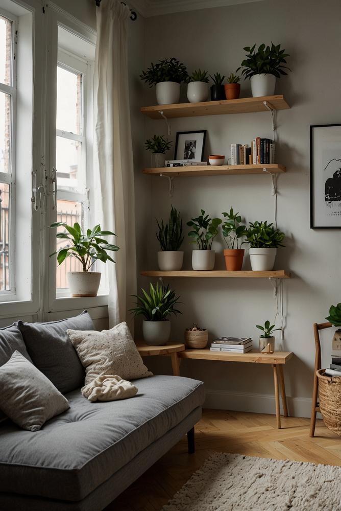 Helle, freundliche kleine Raumdeko in modernem Apartment