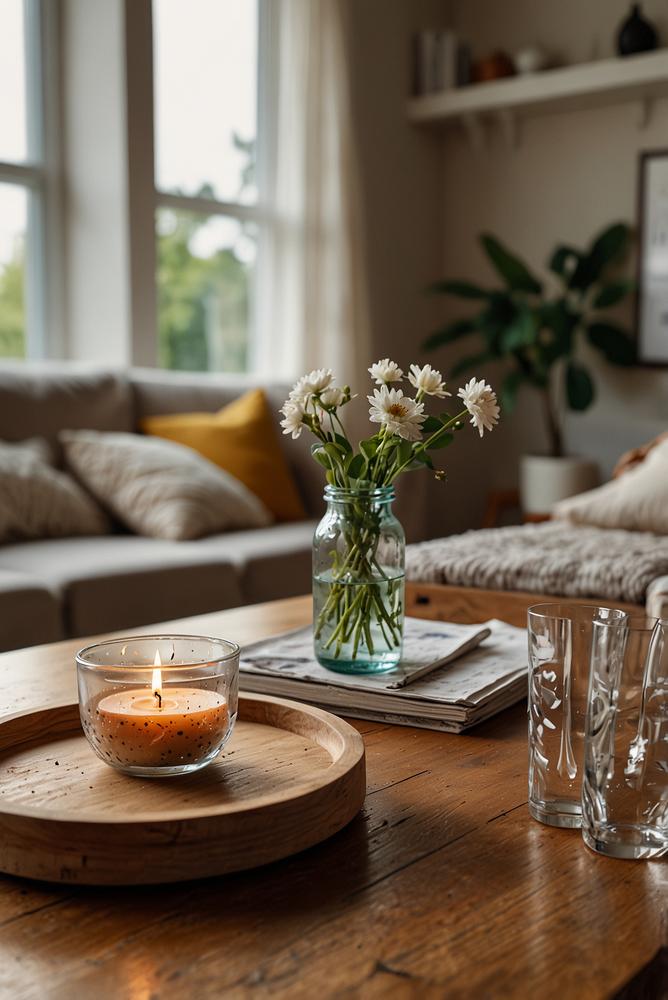 Heller, einladender Tisch mit dekorativen kleinen Akzenten