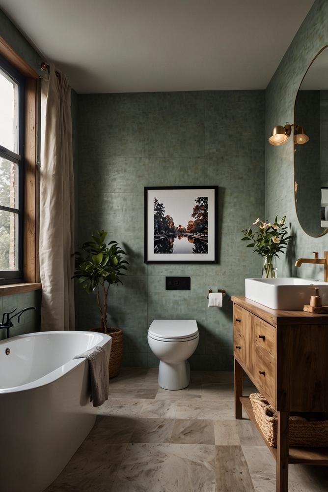 Helles kleines Badezimmer mit Bilderwand und gerahmten Fotos