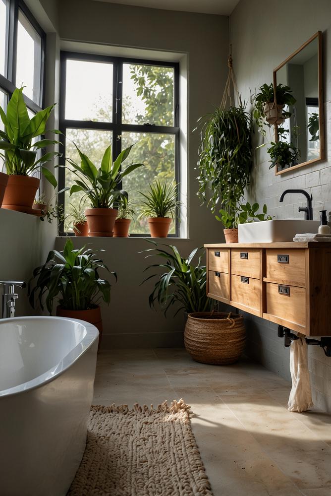 Kleines Badezimmer mit hängenden Zimmerpflanzen hell und modern