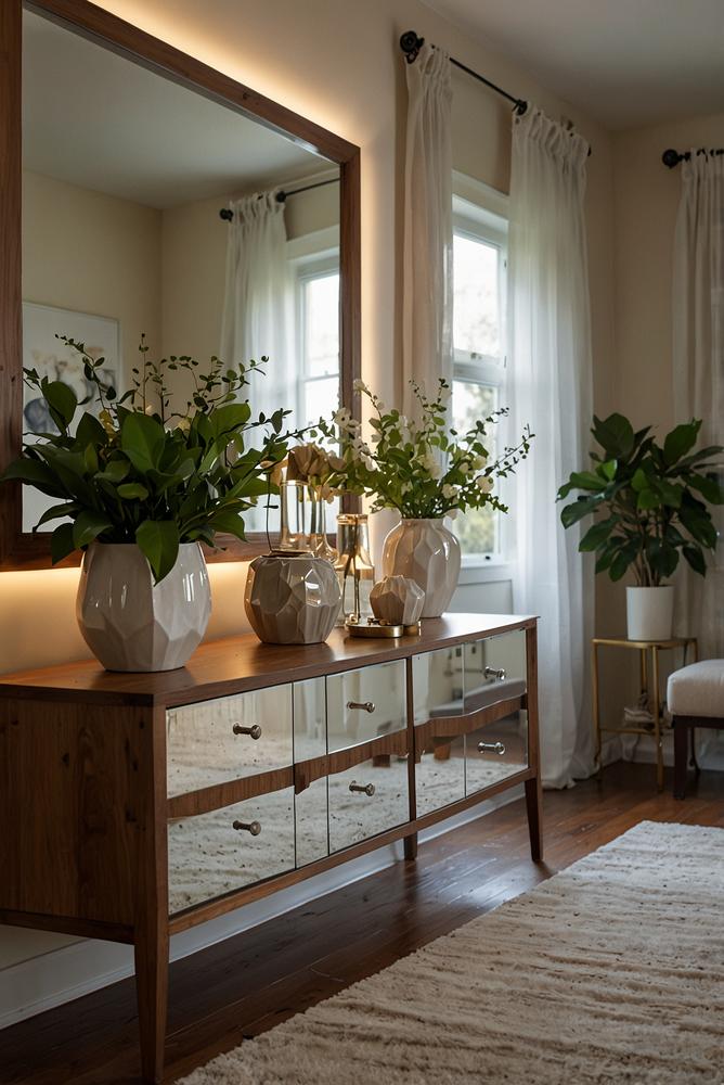 Kommode mit Spiegeln und Beleuchtung, hell und einladend